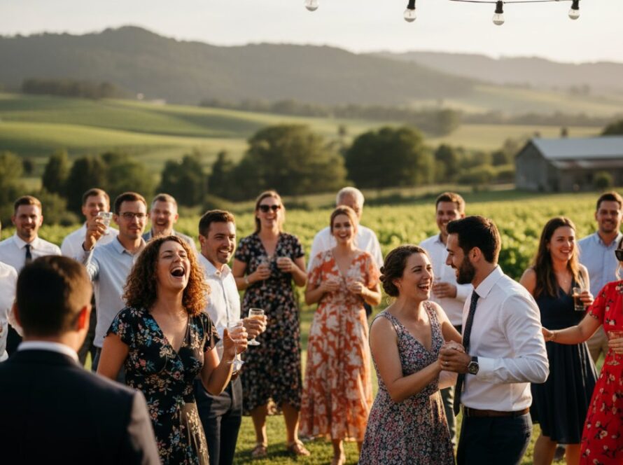 An epic moment of genuine event photography Seville East capturing joy: guests laughing heartily under twinkling fairy lights at a rustic outdoor reception, with the rolling hills of the Yarra Valley in the soft background, golden hour lighting.