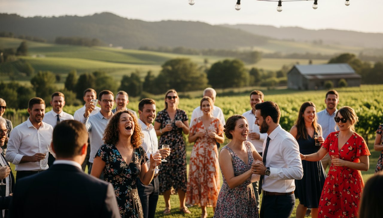 An epic moment of genuine event photography Seville East capturing joy: guests laughing heartily under twinkling fairy lights at a rustic outdoor reception, with the rolling hills of the Yarra Valley in the soft background, golden hour lighting.