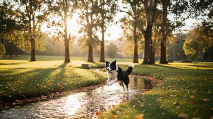 A heartwarming, cinematic shot of a golden retriever joyfully leaping through dappled sunlight in a Tecoma park, a perfect example of genuine pet photography Tecoma capturing furry family moments, with autumn leaves scattering around it.