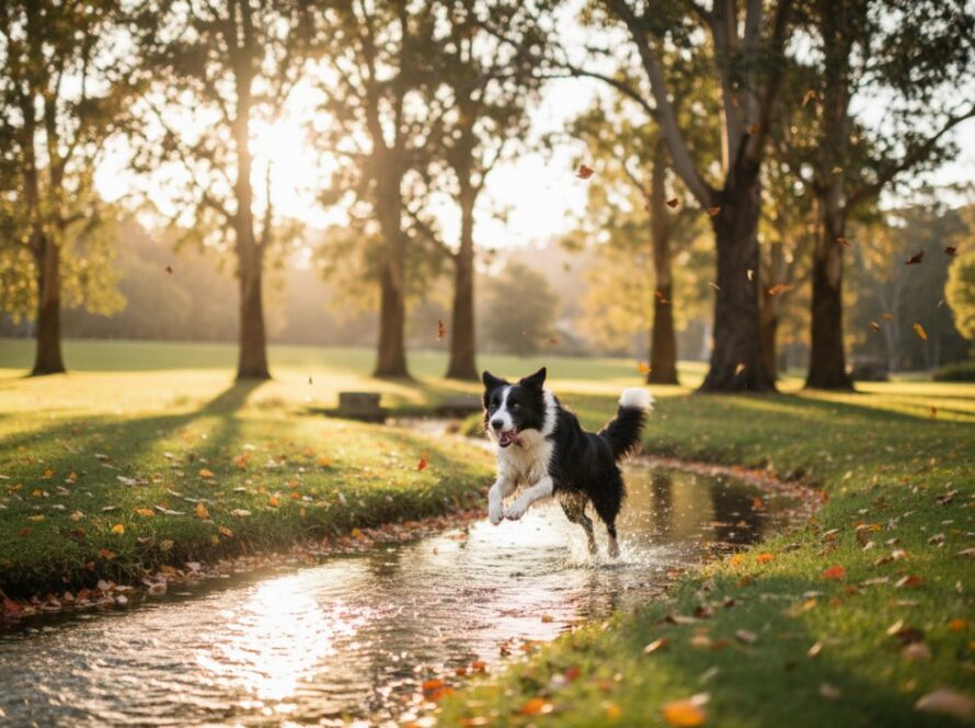 A heartwarming, cinematic shot of a golden retriever joyfully leaping through dappled sunlight in a Tecoma park, a perfect example of genuine pet photography Tecoma capturing furry family moments, with autumn leaves scattering around it.