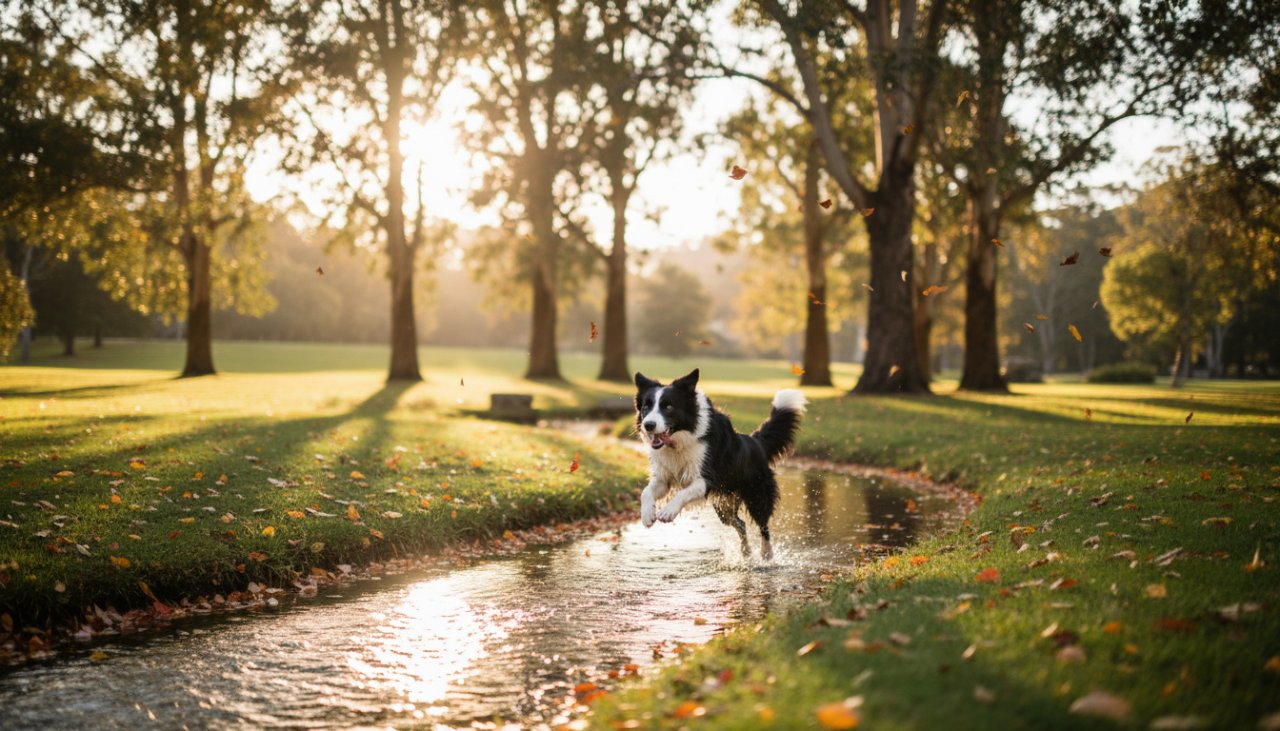 A heartwarming, cinematic shot of a golden retriever joyfully leaping through dappled sunlight in a Tecoma park, a perfect example of genuine pet photography Tecoma capturing furry family moments, with autumn leaves scattering around it.