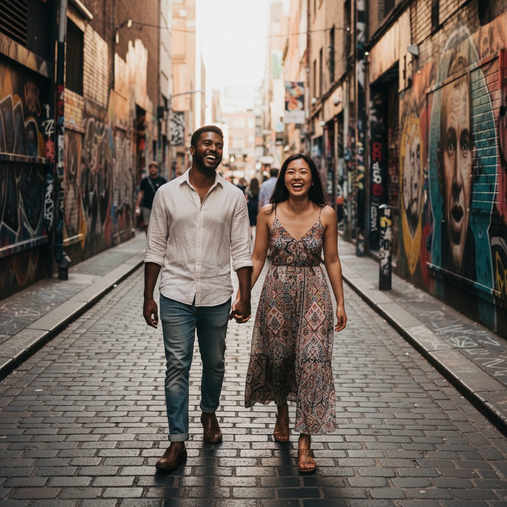 A diverse couple laughing naturally while strolling hand-in-hand through a vibrant, art-filled Melbourne laneway during late afternoon, with soft, directional light highlighting graffiti murals and cobblestones, evoking a candid and joyful pre-wedding moment.