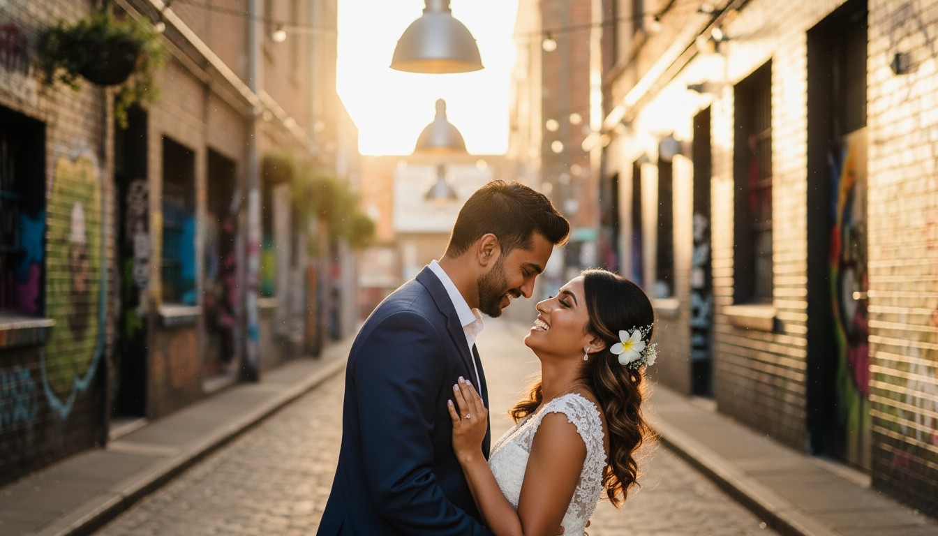 A romantic and high-end candid wedding photo, showcasing a couple laughing genuinely in a vibrant Fitzroy laneway bathed in the warm, diffused light of the golden hour. The composition should highlight the urban charm of Melbourne with a soft, ethereal glow. Use the provided sample image as a reference for the overall style, mood, lighting, and to maintain consistency with any people featured in it. Do not request transparent backgrounds. Avoid adding any text.