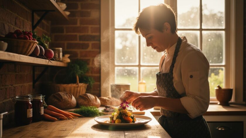 A wide-angle, shallow depth-of-field shot of a beautifully plated, vibrant gourmet dish, possibly a roasted duck with local seasonal berries, bathed in warm, natural light from a window in a rustic cafe in The Patch, Victoria. The scene exudes an inviting, authentic atmosphere, captured with expert Gourmet Food Photography The Patch Victoria techniques, highlighting the rich textures and colours of the ingredients and the charming local setting.