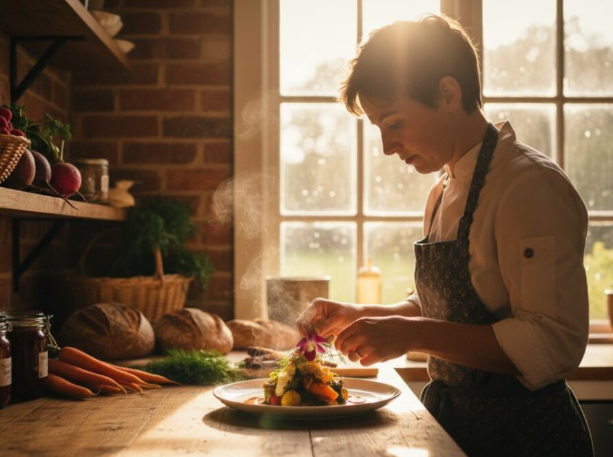 A wide-angle, shallow depth-of-field shot of a beautifully plated, vibrant gourmet dish, possibly a roasted duck with local seasonal berries, bathed in warm, natural light from a window in a rustic cafe in The Patch, Victoria. The scene exudes an inviting, authentic atmosphere, captured with expert Gourmet Food Photography The Patch Victoria techniques, highlighting the rich textures and colours of the ingredients and the charming local setting.