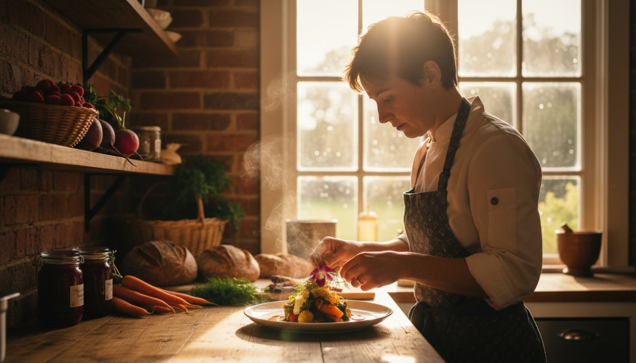 A wide-angle, shallow depth-of-field shot of a beautifully plated, vibrant gourmet dish, possibly a roasted duck with local seasonal berries, bathed in warm, natural light from a window in a rustic cafe in The Patch, Victoria. The scene exudes an inviting, authentic atmosphere, captured with expert Gourmet Food Photography The Patch Victoria techniques, highlighting the rich textures and colours of the ingredients and the charming local setting.