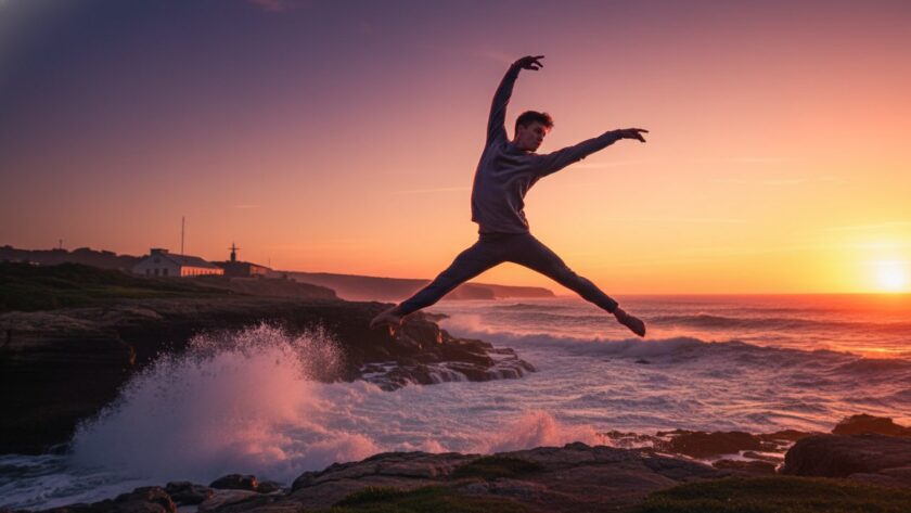 A ballet dancer performing a powerful leap at sunset against the rugged coastal cliffs of HMAS Cerberus, embodying graceful dance photography HMAS Cerberus stunning coastal backdrop, with dramatic lighting and a splash of ocean spray.
