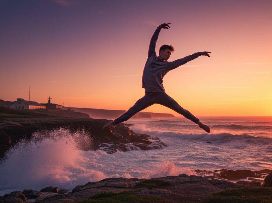 A ballet dancer performing a powerful leap at sunset against the rugged coastal cliffs of HMAS Cerberus, embodying graceful dance photography HMAS Cerberus stunning coastal backdrop, with dramatic lighting and a splash of ocean spray.