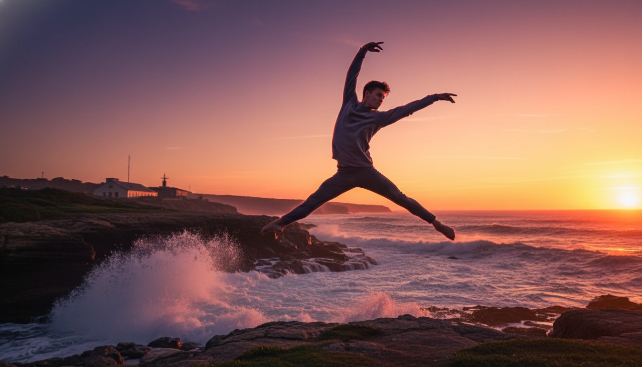 A ballet dancer performing a powerful leap at sunset against the rugged coastal cliffs of HMAS Cerberus, embodying graceful dance photography HMAS Cerberus stunning coastal backdrop, with dramatic lighting and a splash of ocean spray.