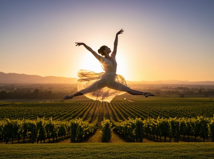 An elegant dancer performing an arabesque against the picturesque vineyard backdrop of Gruyere, Victoria, showcasing graceful Gruyere dance photography for local artists with warm, golden hour lighting.