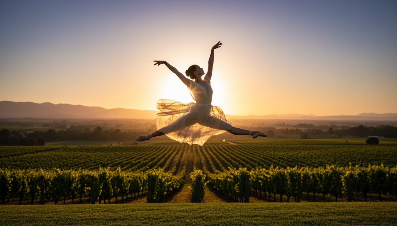 An elegant dancer performing an arabesque against the picturesque vineyard backdrop of Gruyere, Victoria, showcasing graceful Gruyere dance photography for local artists with warm, golden hour lighting.