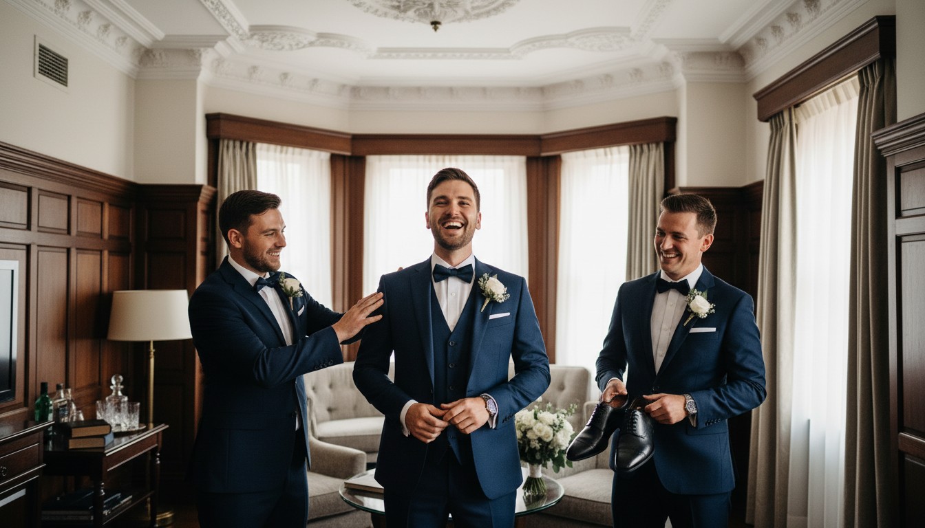 A high-end, romantic, and candid style photograph capturing a groom's genuine, joyful laugh while sharing a lighthearted moment with his groomsmen in a sophisticated, well-lit heritage hotel suite in Melbourne, showcasing classic architectural details and natural interactions. Focus on authentic emotions and the fine tailoring of their wedding attire. Ensure no text is present in the image. Referencing the provided sample image for style, mood, and consistency with any people featured in it.