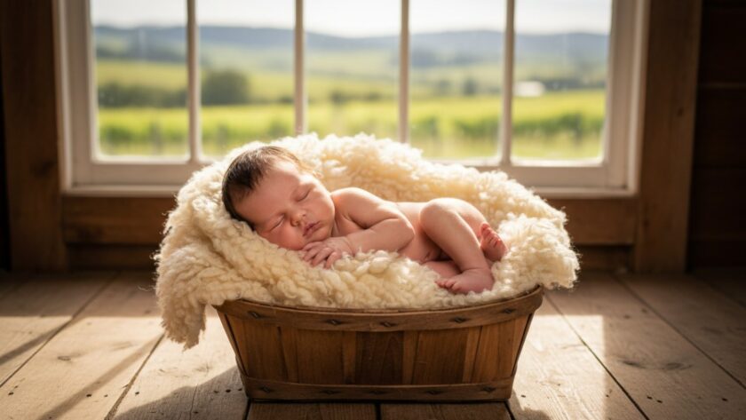 An emotionally resonant, warm portrait showcasing Gruyere baby photography capturing rustic family memories, featuring a newborn nestled in a vintage wooden crib adorned with soft, natural fabrics, bathed in golden hour light filtering through a rustic barn window in Gruyere, Victoria, Australia.