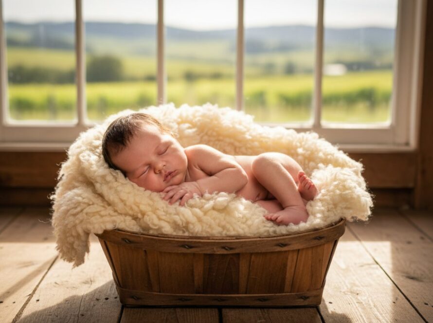 An emotionally resonant, warm portrait showcasing Gruyere baby photography capturing rustic family memories, featuring a newborn nestled in a vintage wooden crib adorned with soft, natural fabrics, bathed in golden hour light filtering through a rustic barn window in Gruyere, Victoria, Australia.