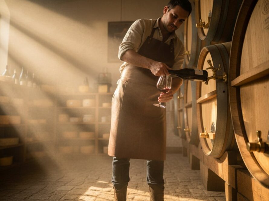 An epic moment captured in Gruyere commercial photography for artisan producers, showing a close-up of a winemaker's hands carefully pouring wine into a glass in a sunlit winery cellar, with barrels in the soft-focus background, conveying dedication and craftsmanship.