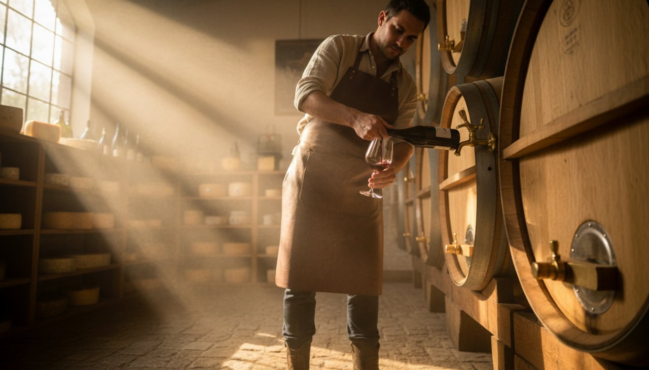An epic moment captured in Gruyere commercial photography for artisan producers, showing a close-up of a winemaker's hands carefully pouring wine into a glass in a sunlit winery cellar, with barrels in the soft-focus background, conveying dedication and craftsmanship.