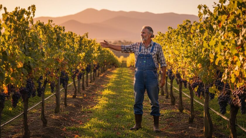 Dramatic wide shot of a local winemaker passionately describing their craft amidst rolling vineyards at sunset in Gruyere, Victoria, perfectly embodying Gruyere editorial photography capturing local stories with an authentic, epic moment.