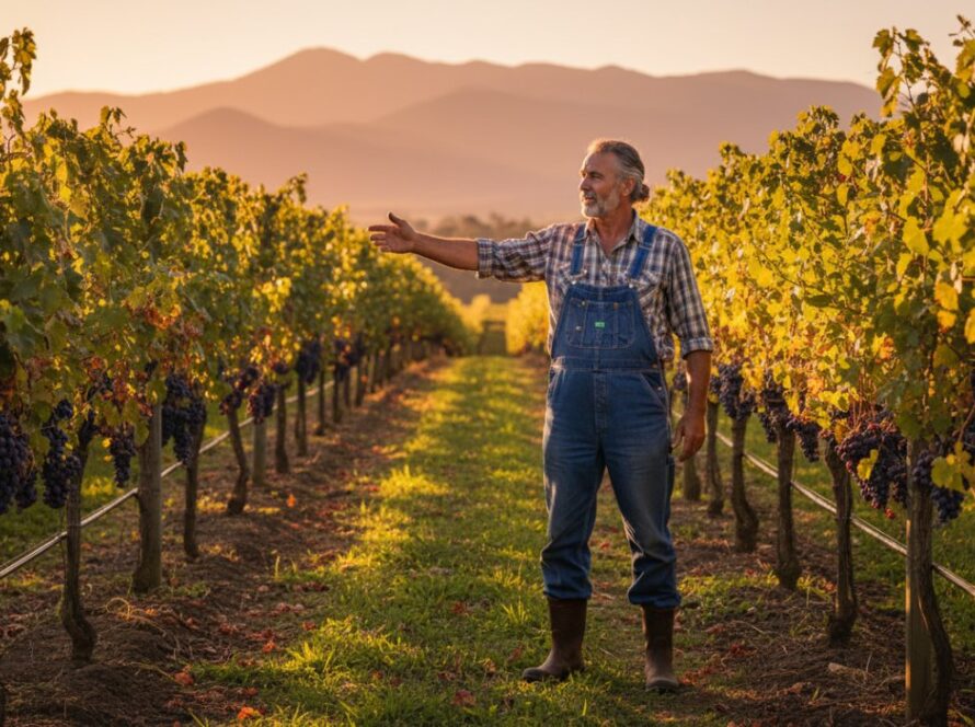 Dramatic wide shot of a local winemaker passionately describing their craft amidst rolling vineyards at sunset in Gruyere, Victoria, perfectly embodying Gruyere editorial photography capturing local stories with an authentic, epic moment.