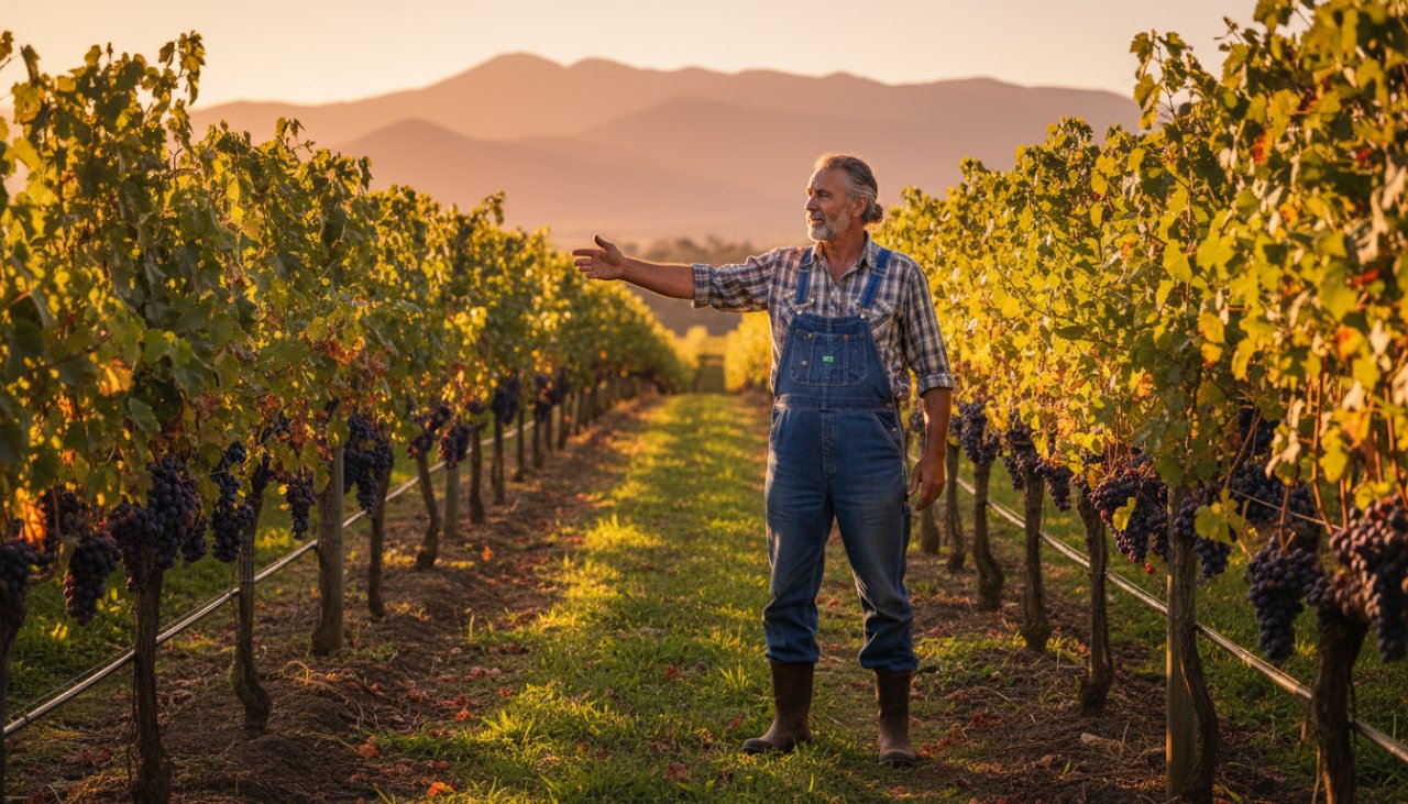 Dramatic wide shot of a local winemaker passionately describing their craft amidst rolling vineyards at sunset in Gruyere, Victoria, perfectly embodying Gruyere editorial photography capturing local stories with an authentic, epic moment.