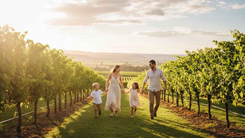 A heartwarming and candid scene of a family laughing together in a golden vineyard at sunset in Gruyere, Victoria, epitomising Gruyere family photography capturing candid Yarra Valley joy.