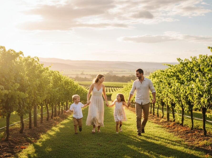 A heartwarming and candid scene of a family laughing together in a golden vineyard at sunset in Gruyere, Victoria, epitomising Gruyere family photography capturing candid Yarra Valley joy.