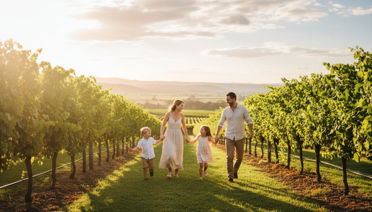 A heartwarming and candid scene of a family laughing together in a golden vineyard at sunset in Gruyere, Victoria, epitomising Gruyere family photography capturing candid Yarra Valley joy.