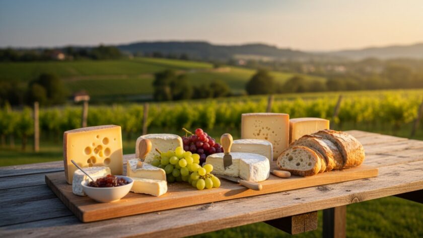 An 'epic moment' style photograph showcasing Gruyere local produce product photography Victoria, featuring a meticulously arranged artisanal cheese board from a Gruyere dairy, bathed in warm, golden afternoon light on an outdoor wooden table overlooking rolling vineyards at sunset, capturing rich textures and inviting colours, evoking rustic elegance and gourmet quality.