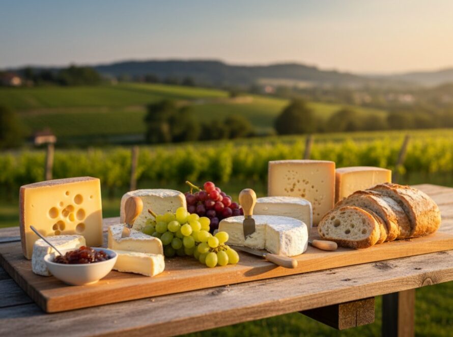 An 'epic moment' style photograph showcasing Gruyere local produce product photography Victoria, featuring a meticulously arranged artisanal cheese board from a Gruyere dairy, bathed in warm, golden afternoon light on an outdoor wooden table overlooking rolling vineyards at sunset, capturing rich textures and inviting colours, evoking rustic elegance and gourmet quality.
