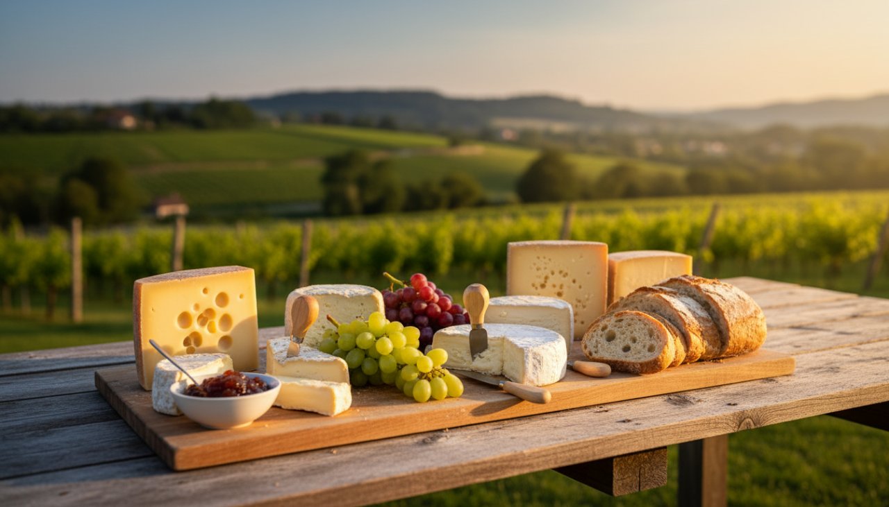An 'epic moment' style photograph showcasing Gruyere local produce product photography Victoria, featuring a meticulously arranged artisanal cheese board from a Gruyere dairy, bathed in warm, golden afternoon light on an outdoor wooden table overlooking rolling vineyards at sunset, capturing rich textures and inviting colours, evoking rustic elegance and gourmet quality.