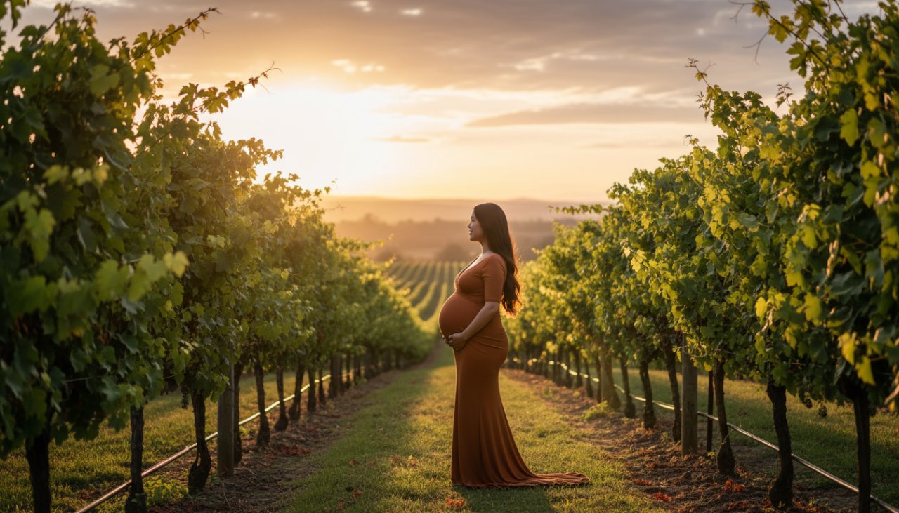 An expectant mother glowing during a Gruyere Maternity Photography Golden Hour Vineyard session, standing amidst rows of grapevines as the setting sun casts a warm, ethereal light, capturing an epic moment of serene beauty.
