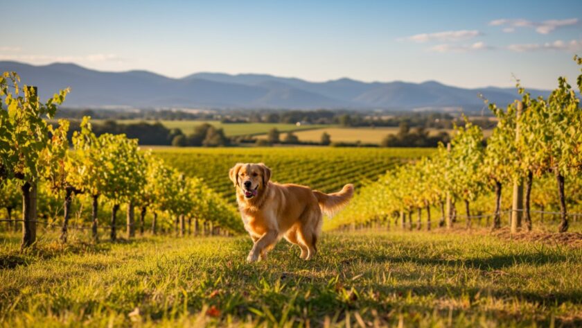 A golden retriever joyfully bounding through a sun-drenched vineyard in Gruyere, Victoria, with a stunning Yarra Valley backdrop, perfectly illustrating Gruyere pet photography capturing joyful vineyard dog portraits, an epic moment frozen in time by a professional photographer.