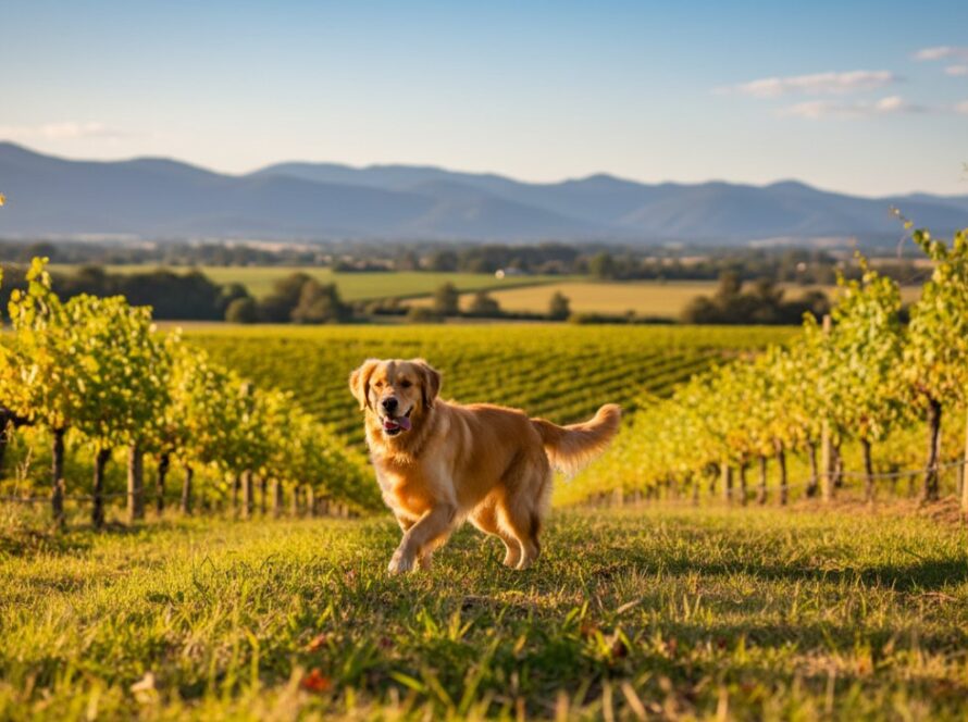 A golden retriever joyfully bounding through a sun-drenched vineyard in Gruyere, Victoria, with a stunning Yarra Valley backdrop, perfectly illustrating Gruyere pet photography capturing joyful vineyard dog portraits, an epic moment frozen in time by a professional photographer.