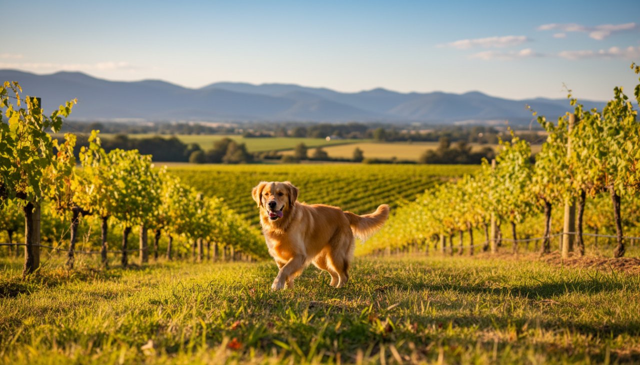 A golden retriever joyfully bounding through a sun-drenched vineyard in Gruyere, Victoria, with a stunning Yarra Valley backdrop, perfectly illustrating Gruyere pet photography capturing joyful vineyard dog portraits, an epic moment frozen in time by a professional photographer.