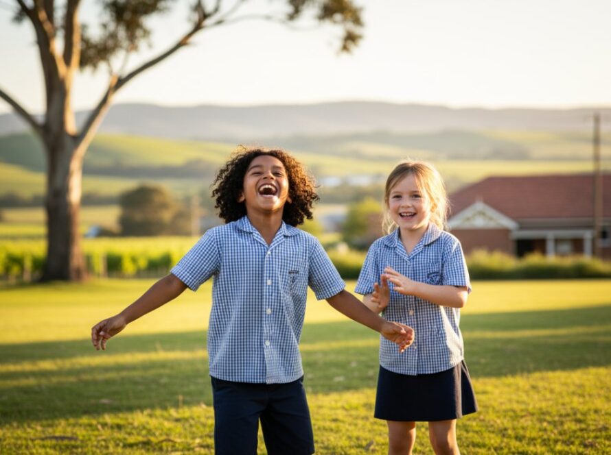 A vibrant, cinematic photograph capturing an epic moment of two primary school students in Gruyere, Victoria, Australia, laughing joyfully during a candid photography session, celebrating student spirit on a sunny school day.