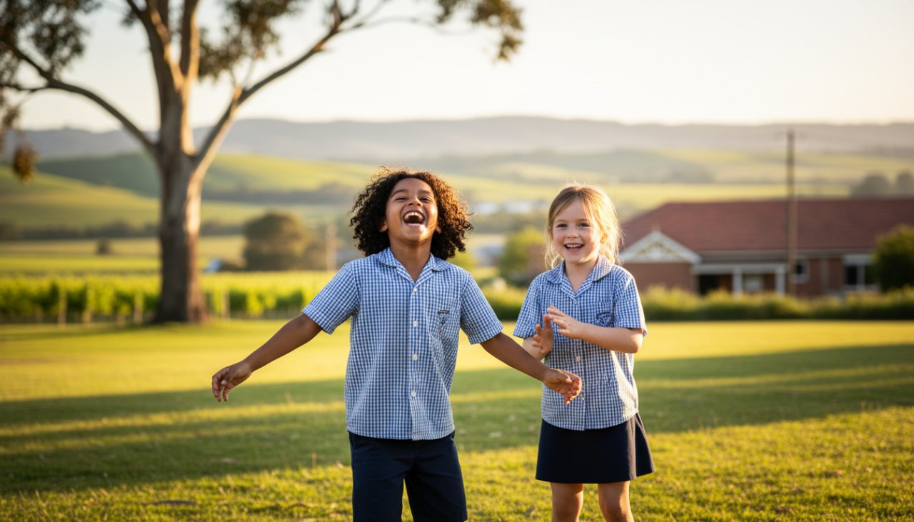 A vibrant, cinematic photograph capturing an epic moment of two primary school students in Gruyere, Victoria, Australia, laughing joyfully during a candid photography session, celebrating student spirit on a sunny school day.