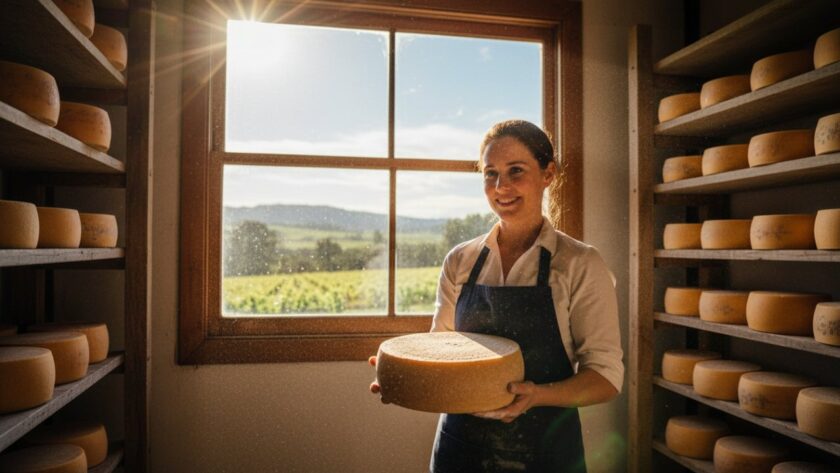 A vibrant, wide-angle shot of a winemaker passionately describing their craft amidst sun-drenched vineyards in Gruyere, Victoria, epitomizing authentic small business branding photography, capturing their story and the picturesque Yarra Valley scenery.