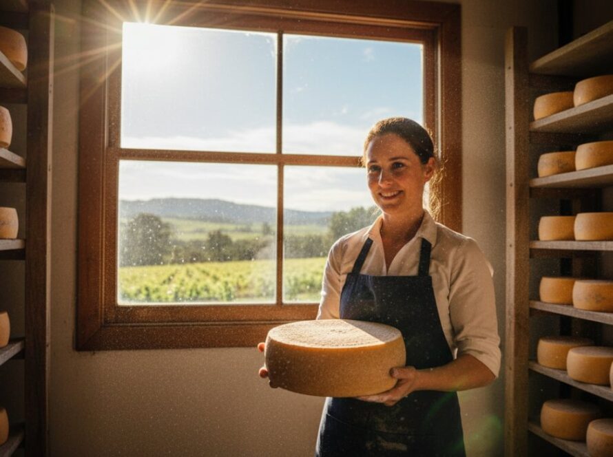 A vibrant, wide-angle shot of a winemaker passionately describing their craft amidst sun-drenched vineyards in Gruyere, Victoria, epitomizing authentic small business branding photography, capturing their story and the picturesque Yarra Valley scenery.