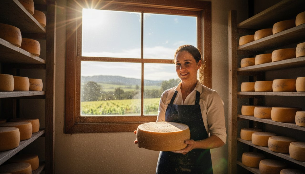 A vibrant, wide-angle shot of a winemaker passionately describing their craft amidst sun-drenched vineyards in Gruyere, Victoria, epitomizing authentic small business branding photography, capturing their story and the picturesque Yarra Valley scenery.