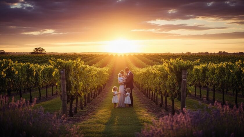 An ethereal, golden hour portrait showcasing a family amidst a sun-drenched vineyard in Gruyere, Victoria, epitomizing bespoke fine art photography heirlooms, with soft light and rich colours.