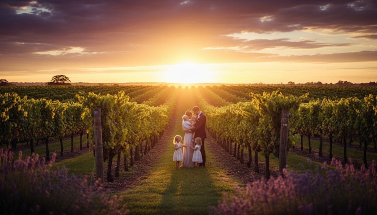 An ethereal, golden hour portrait showcasing a family amidst a sun-drenched vineyard in Gruyere, Victoria, epitomizing bespoke fine art photography heirlooms, with soft light and rich colours.