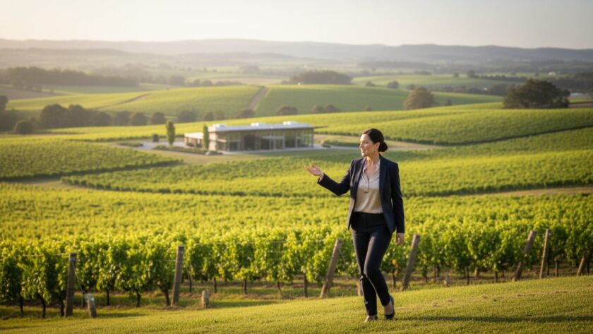 An inspiring and authentic environmental portrait showcasing a business leader in Gruyere, Victoria, radiating confidence amidst the picturesque Yarra Valley vineyards, exemplifying Gruyere Victoria corporate branding photography expertise.