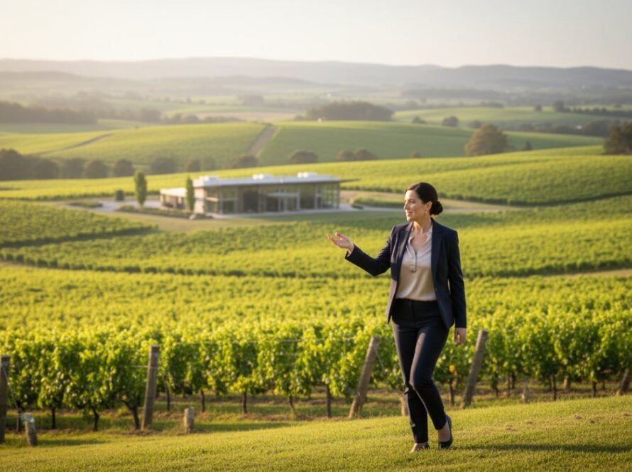An inspiring and authentic environmental portrait showcasing a business leader in Gruyere, Victoria, radiating confidence amidst the picturesque Yarra Valley vineyards, exemplifying Gruyere Victoria corporate branding photography expertise.