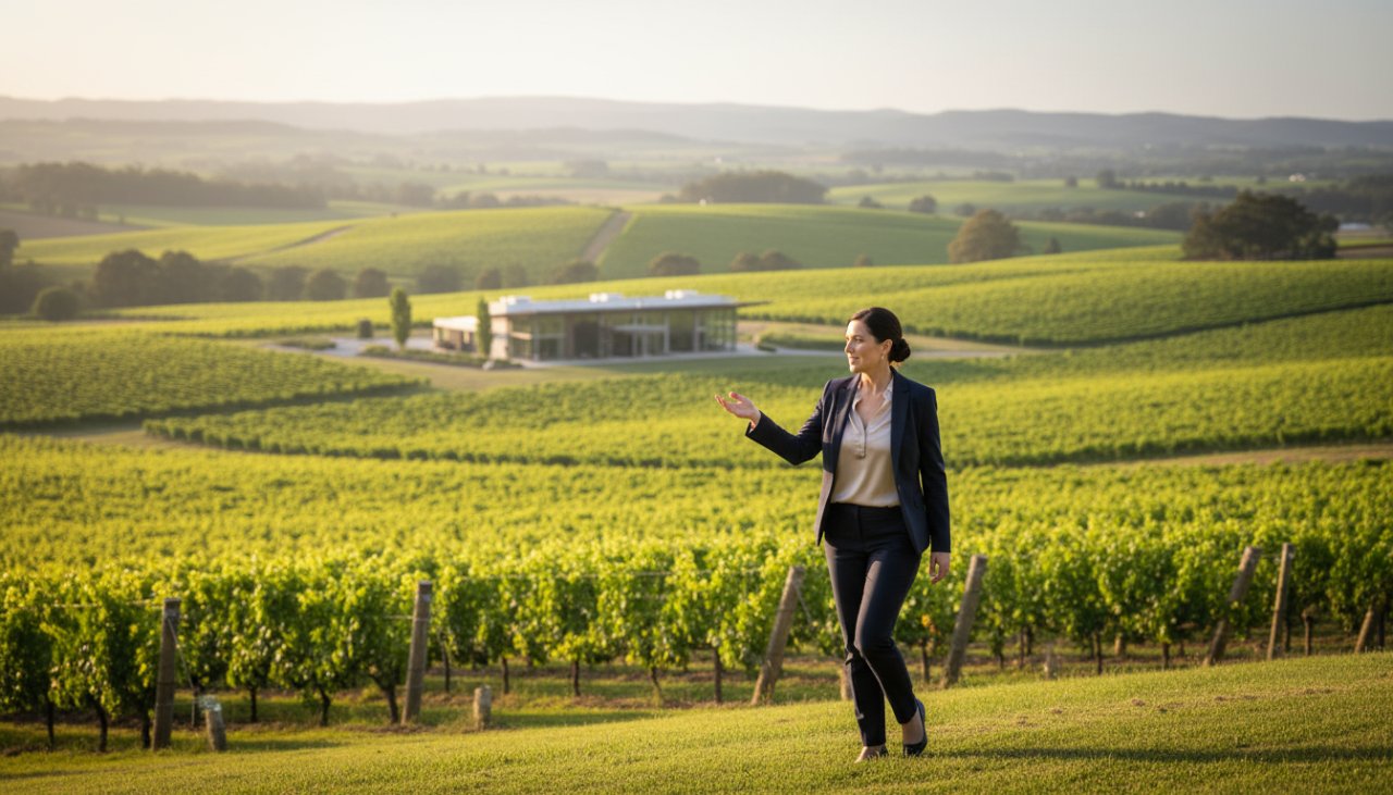 An inspiring and authentic environmental portrait showcasing a business leader in Gruyere, Victoria, radiating confidence amidst the picturesque Yarra Valley vineyards, exemplifying Gruyere Victoria corporate branding photography expertise.