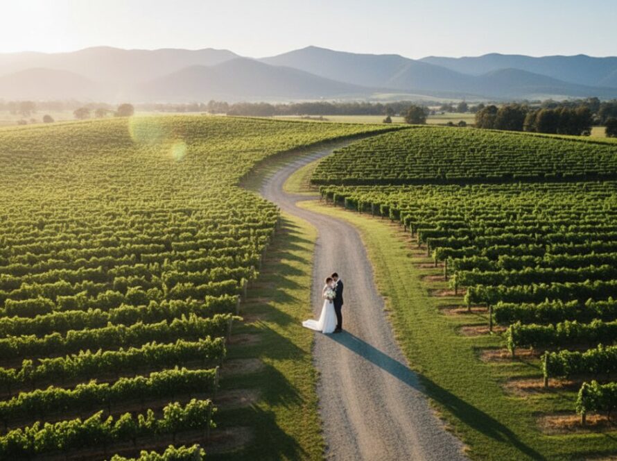 A breathtaking aerial shot of a couple embracing amidst the rolling vineyards of Gruyere, Victoria, showcasing romantic Gruyere Victoria drone vineyard wedding photography at sunset, with golden light illuminating the landscape.