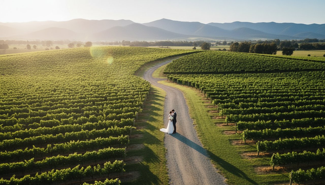 A breathtaking aerial shot of a couple embracing amidst the rolling vineyards of Gruyere, Victoria, showcasing romantic Gruyere Victoria drone vineyard wedding photography at sunset, with golden light illuminating the landscape.