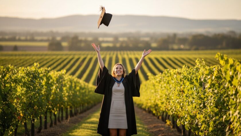 A joyous university graduate in their cap and gown, framed against the rolling vineyards and scenic hills of Gruyere, Victoria, celebrating an epic moment of achievement after receiving their Gruyere Victoria graduation photos from a professional photographer.