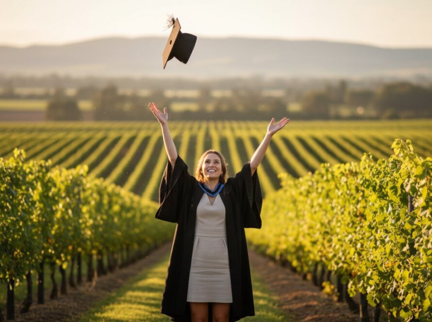 A joyous university graduate in their cap and gown, framed against the rolling vineyards and scenic hills of Gruyere, Victoria, celebrating an epic moment of achievement after receiving their Gruyere Victoria graduation photos from a professional photographer.