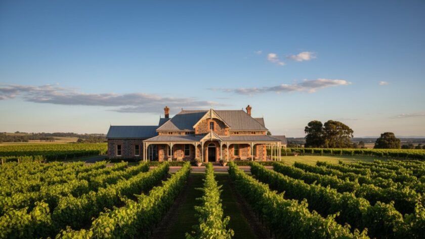A stunning 'epic moment' photograph showcasing the intricate details of a historic winery estate in Gruyere, Victoria, bathed in golden hour light, highlighting the unique textures and grandeur of its traditional Australian architecture, perfect for Gruyere Victoria historic architecture photography portfolios.