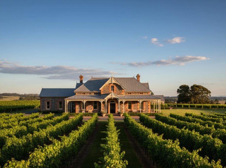A stunning 'epic moment' photograph showcasing the intricate details of a historic winery estate in Gruyere, Victoria, bathed in golden hour light, highlighting the unique textures and grandeur of its traditional Australian architecture, perfect for Gruyere Victoria historic architecture photography portfolios.