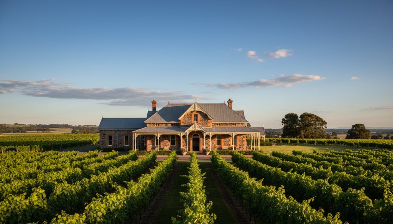 A stunning 'epic moment' photograph showcasing the intricate details of a historic winery estate in Gruyere, Victoria, bathed in golden hour light, highlighting the unique textures and grandeur of its traditional Australian architecture, perfect for Gruyere Victoria historic architecture photography portfolios.